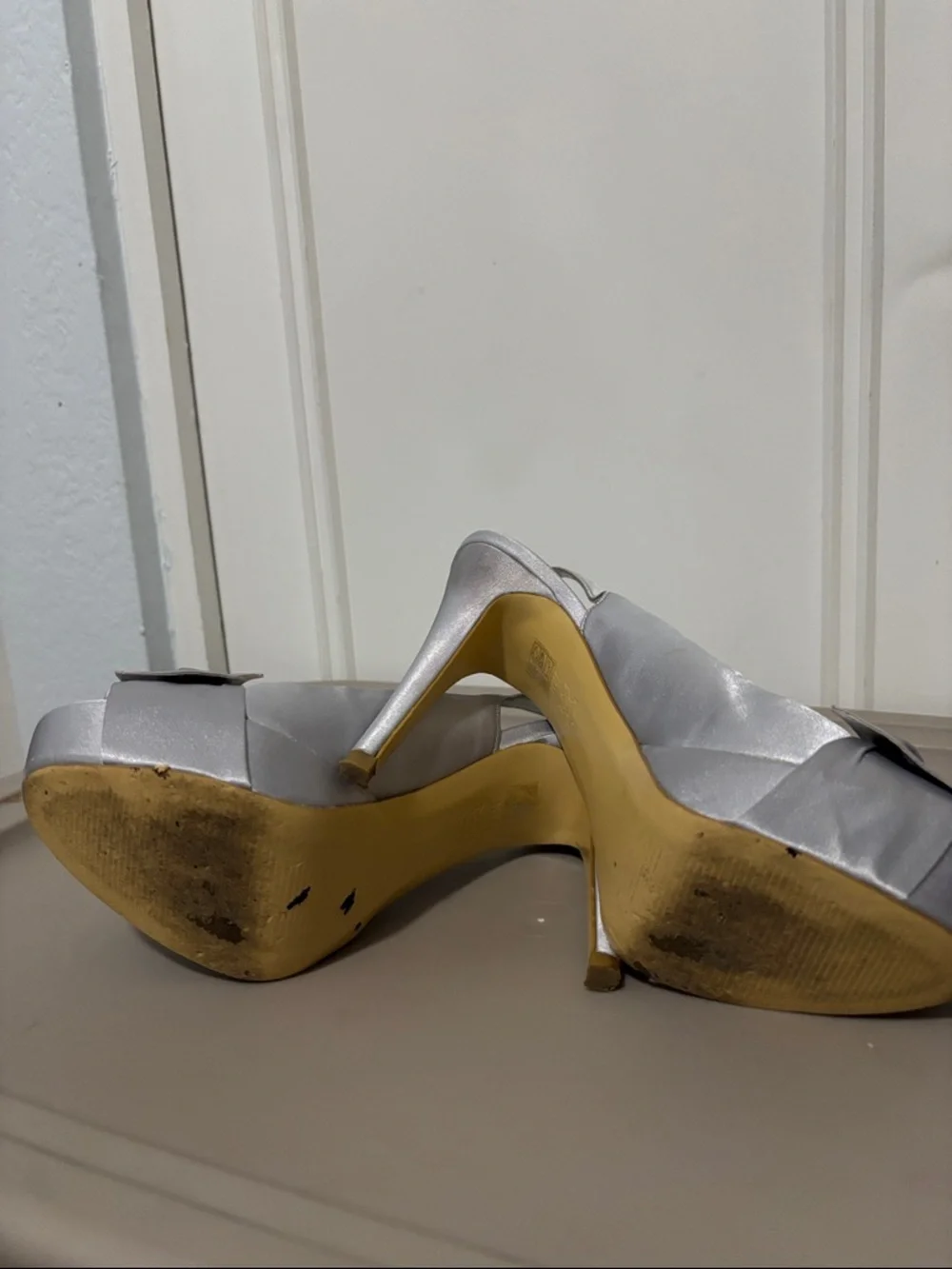 Silver Satin Peep-Toe Slingback Heels with Knot Detail